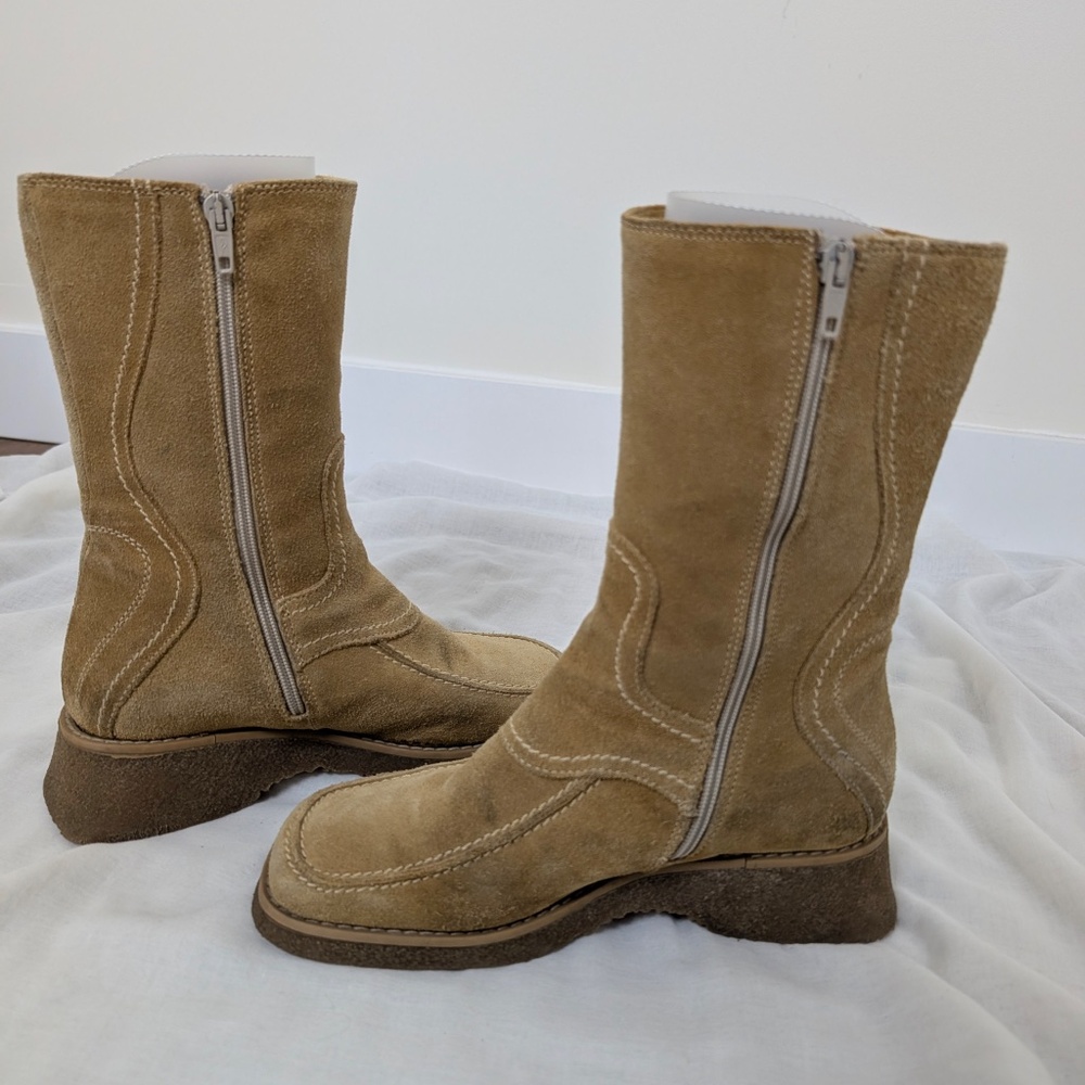 Suede Boots Wedges Calf Height Size 7.5 Square Toe - Picture 3 of 14
